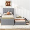 Twin Size Upholstered Platform Bed with Pull-out Twin Size Trundle and 3 Drawers, Gray